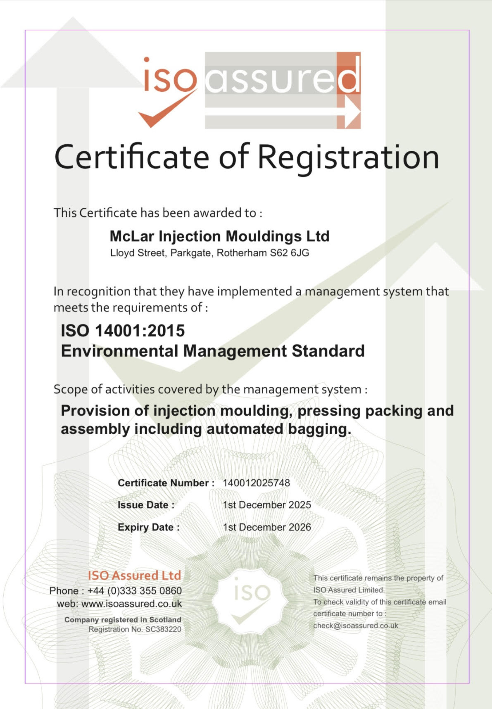 McLar Injection Mouldings Achieves ISO 14001